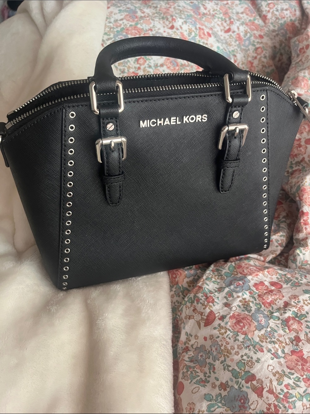 Michael Kors Black Saffiano Satchel with Silver Stud Accents